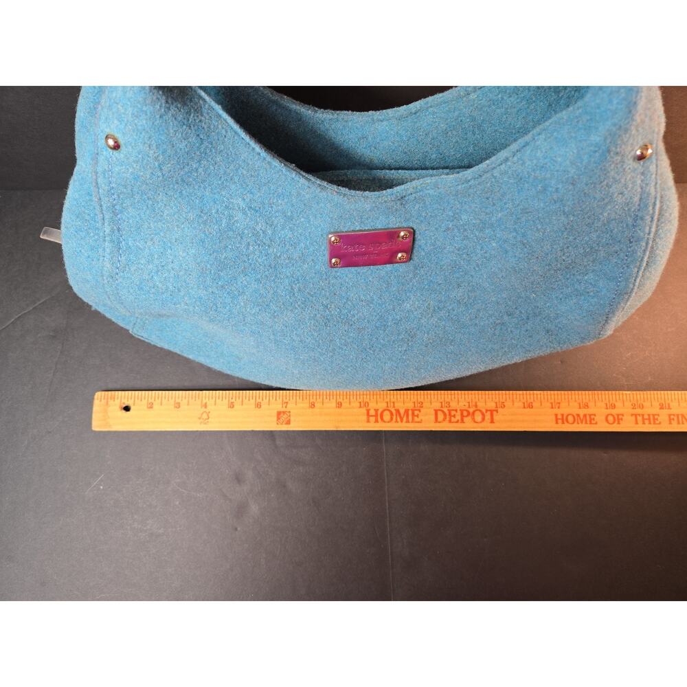 Kate Spade New York Blue Wool Felt Hobo Bag Silver Handles Polka Dot Lining - Picture 13 of 14